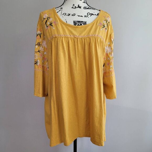 St. John's Bay 4X yellow embroidred peasant blouse 3/4 sleeve boho - Picture 1 of 10